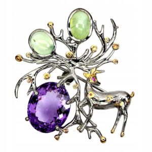 Broszka ametyst perhenity szafiry jeleń 24.68ct