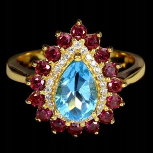 Pierścionek srebrny naturalny topaz swiss blue granaty rodolity r 12.5