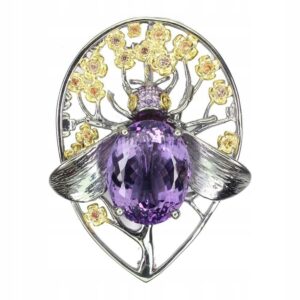 Broszka srebrna 29.63ct ametyst szafiry mucha