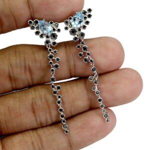 Srebrne delikatne wiszące kolczyki natural topazy sky blue czarne spinele 3