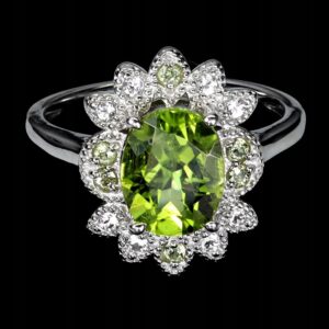 Pierścionek elegancki naturalny oliwin białe topazy r 14 925