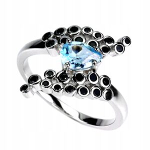 Srebrny elegancki pierścionek naturalny sky topaz czarne spinele r 14.5