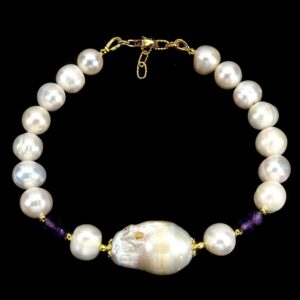Elegancka bransoletka srebrna 925 naturalne ametysty perły
