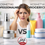 Kobieta zdezorientowana wyborem między kosmetykami profesjonalnymi a drogeryjnymi, produkty po obu stronach, na dole logo jejkosmetyki