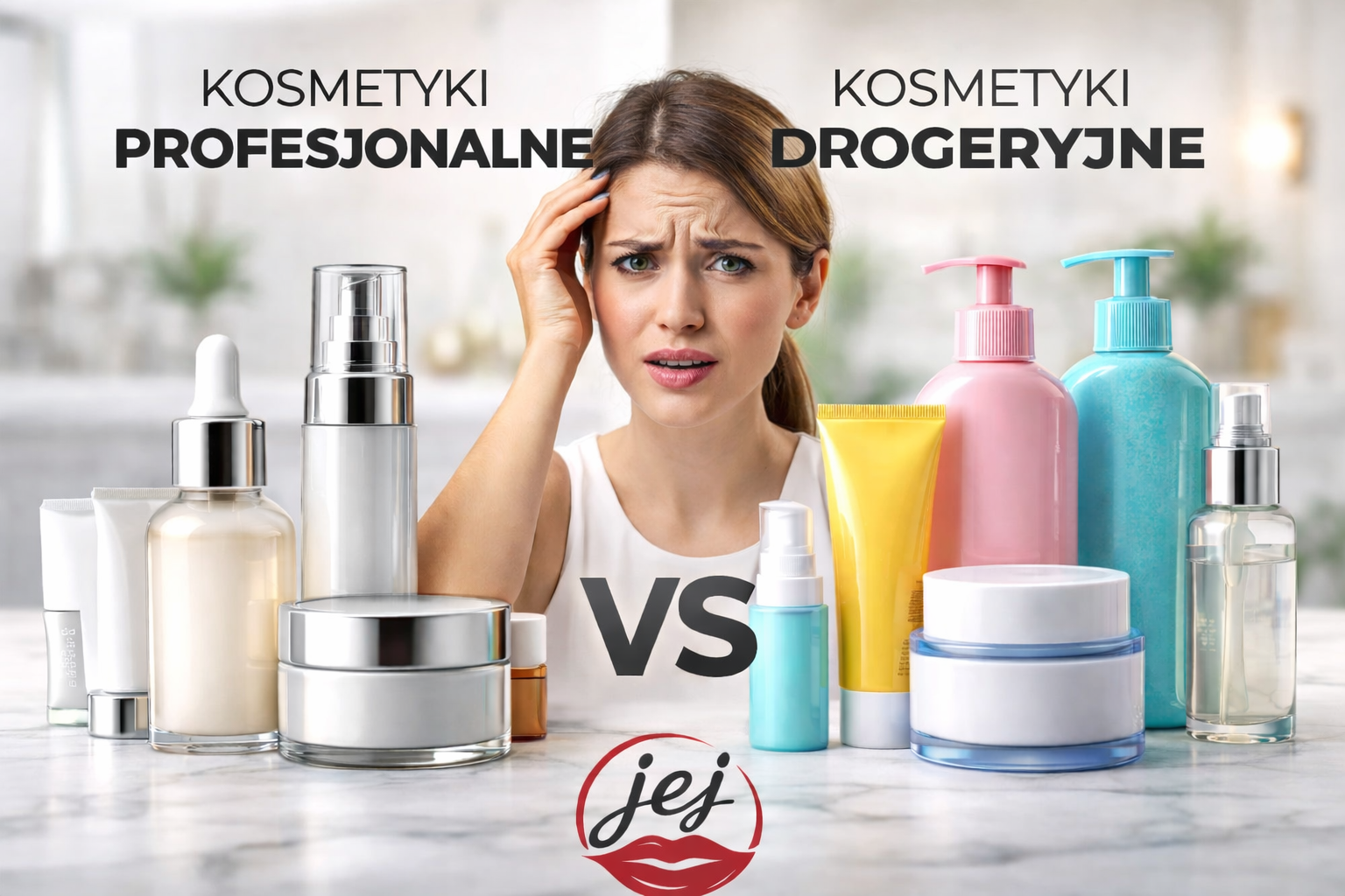 Kobieta zdezorientowana wyborem między kosmetykami profesjonalnymi a drogeryjnymi, produkty po obu stronach, na dole logo jejkosmetyki