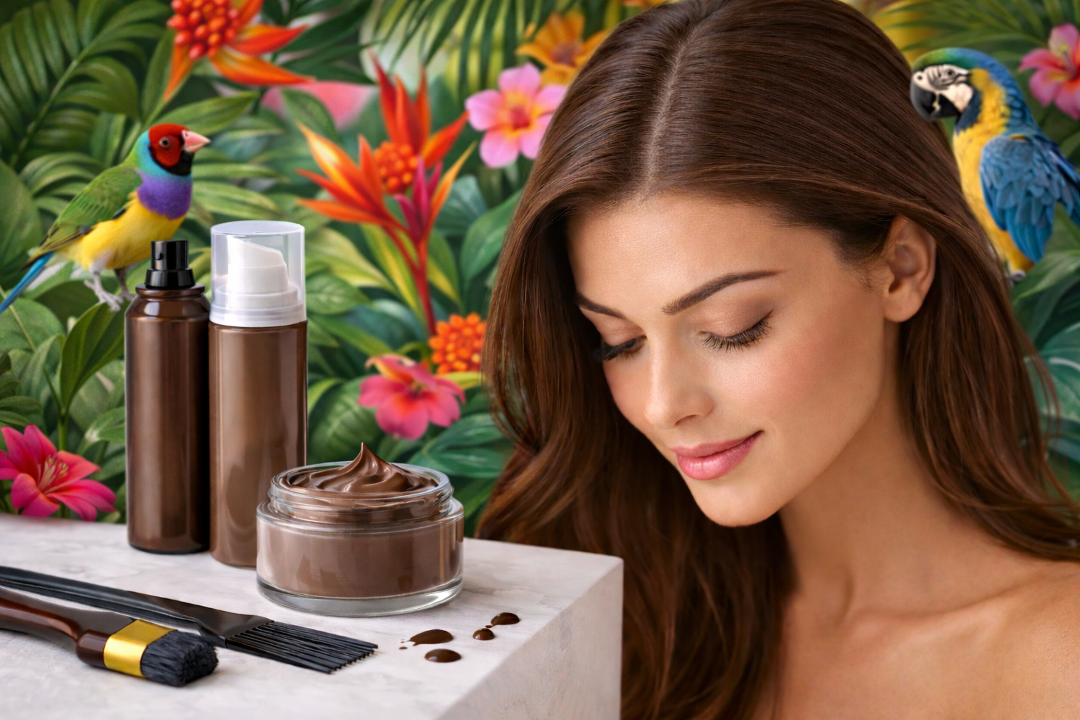Kosmetyki do maskowania siwizny na włosach – beauty editorial z naturalnym efektem koloryzacji, tropikalne tło i zdrowe, lśniące włosy