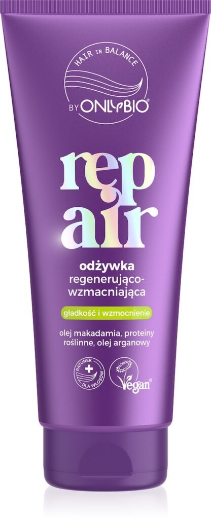 Regenerująco-wzmacniająca odżywka OnlyBio Repair z olejem makadamia, proteinami roślinnymi i olejem arganowym