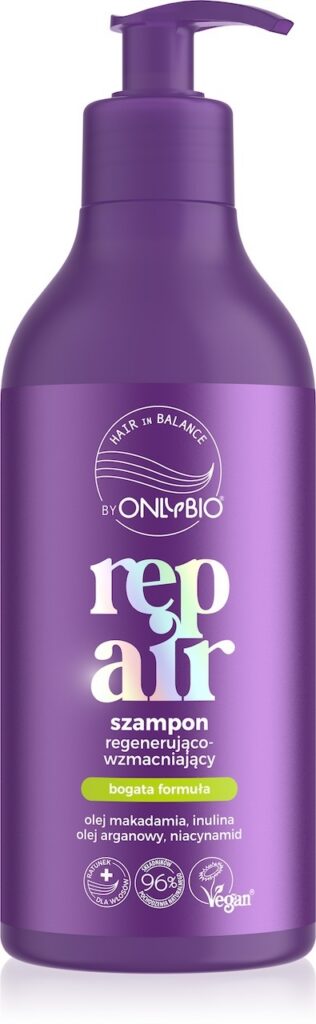 Kosmetyki do regeneracji włosów OnlyBio Hair in Balance Repair w charakterystycznych fioletowych tubach